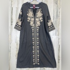 Johnny Was Linen Embroidered Floral Dress Women's Grey Oversized Boho Lagenlook