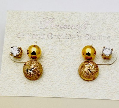 DaneCraft 24 Kt Gold über 925 Sterling D/Schliff Kuppel Kugel Krappe CZ Ohrstecker Set
