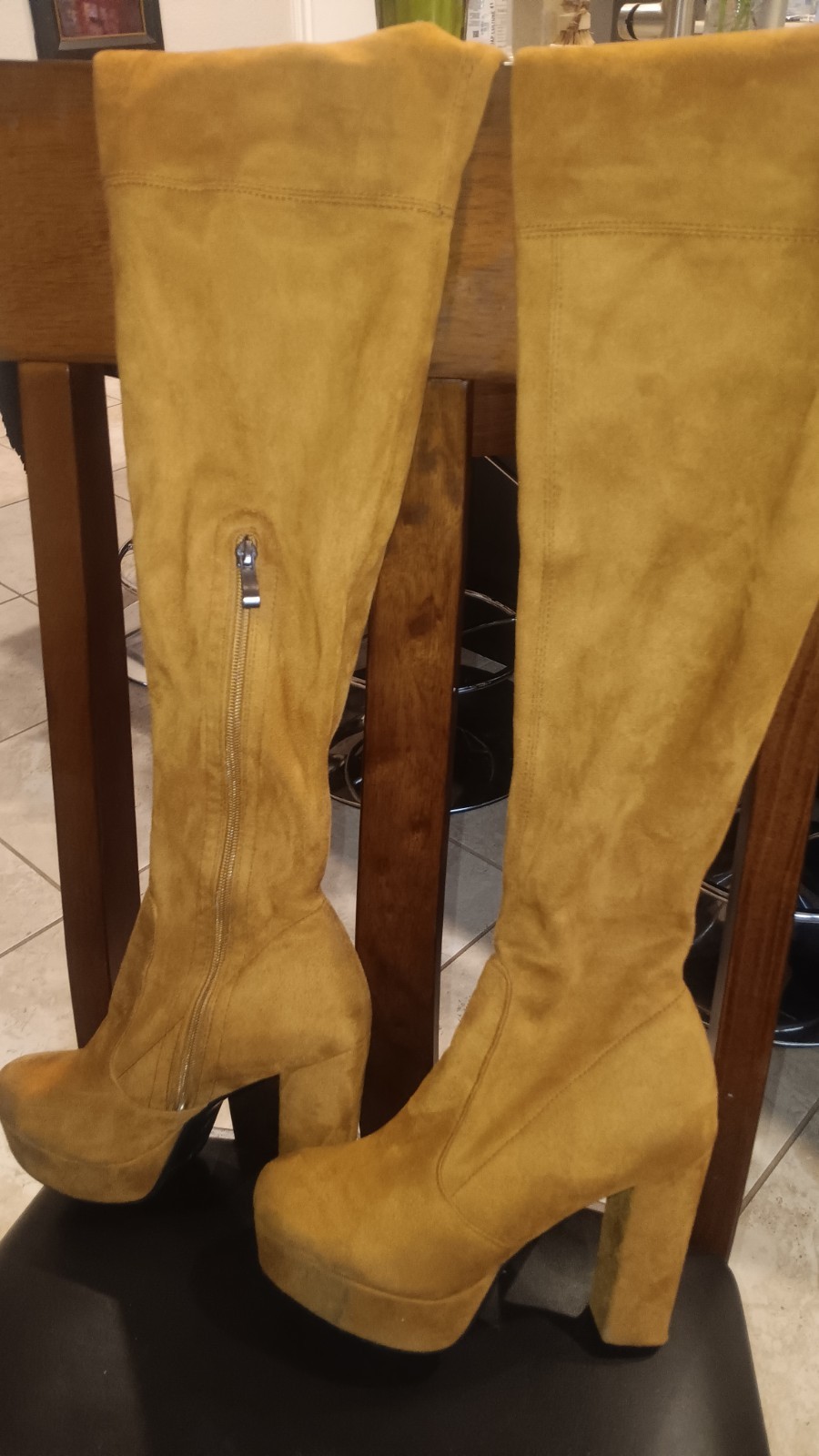 Tan Faux Suede Over-the-Knee Platform Block Heel Round Toe Zip Women's Boots
