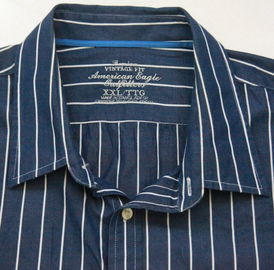 Camisa de vestir American Eagle azul blanco bolsillo rayas manga larga algodón XXL WS808 Foto 3 de 4