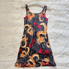 Vintage 90s Dragon Print Slip Dress Size S Short Above Knee Sleeveless Grunge
