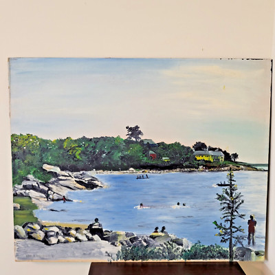 Vintage Lg Unframed Naive/Impressionist Painting People Relaxing at Lake  32x24