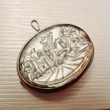 Broche Pendentif  Ancienne Camée De Nacre Gravé Tableau tour Argent 925 34x28mm