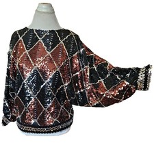 Vintage 80s Womens S M Black Sequins Cocktail Formal Top Blouse Dolman Sleeve