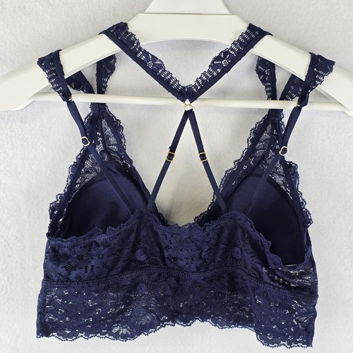 Aerie Sz M Eyelash Lace Padded Bralette Fa La Bra Double Strap Navy Racerback - Picture 2 of 14