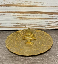 Vintage Solid Brass Trinket Dish with Script and Tree in Center 5" Diameter
