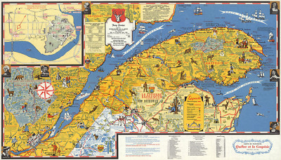 Mid-century Pictorial Quebec Canada Holiday Guide Map Wall Poster Print History