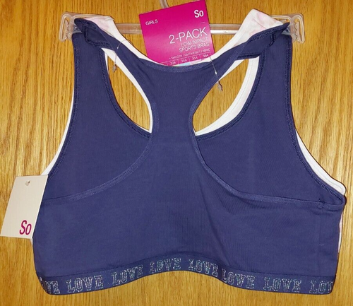 New Girls SO 2 pack Low Impact Sports Bras size XL 14/16 Pink/Purple -3675 - Picture 3 of 4