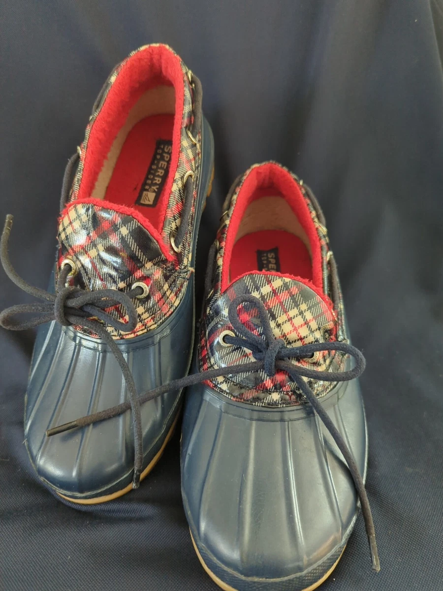 Sperry Top Sider Low Cut Rubber Duck Boot Womens Size 8 Blue Red Plaid