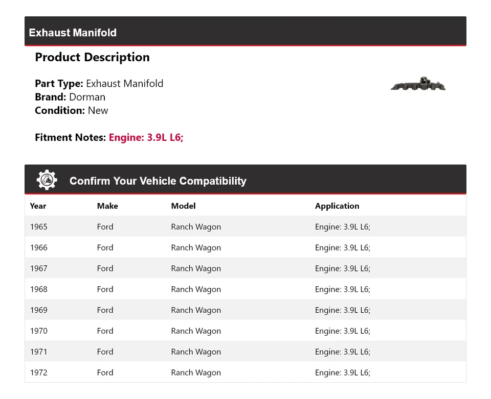 Colector de escape Dorman para Ford Ranch Wagon 1965-1972 3,9 L L6 1966 1967 1968 Foto 2 de 4