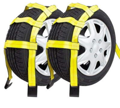 (2 Pack) Wheel Net Basket Auto Tow Dolly Strap w/ Flat Hooks (No Ratchet)