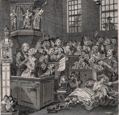 HOGARTH -Credulity & Superstition Satirical Church Demonic Sermon 1812 Engraving