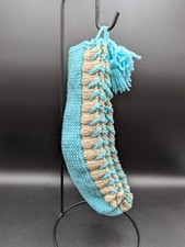 Hand-Knit/Purled Sock Slippers 6.5" Foot Stretchy Lt Blue White New Old Stock