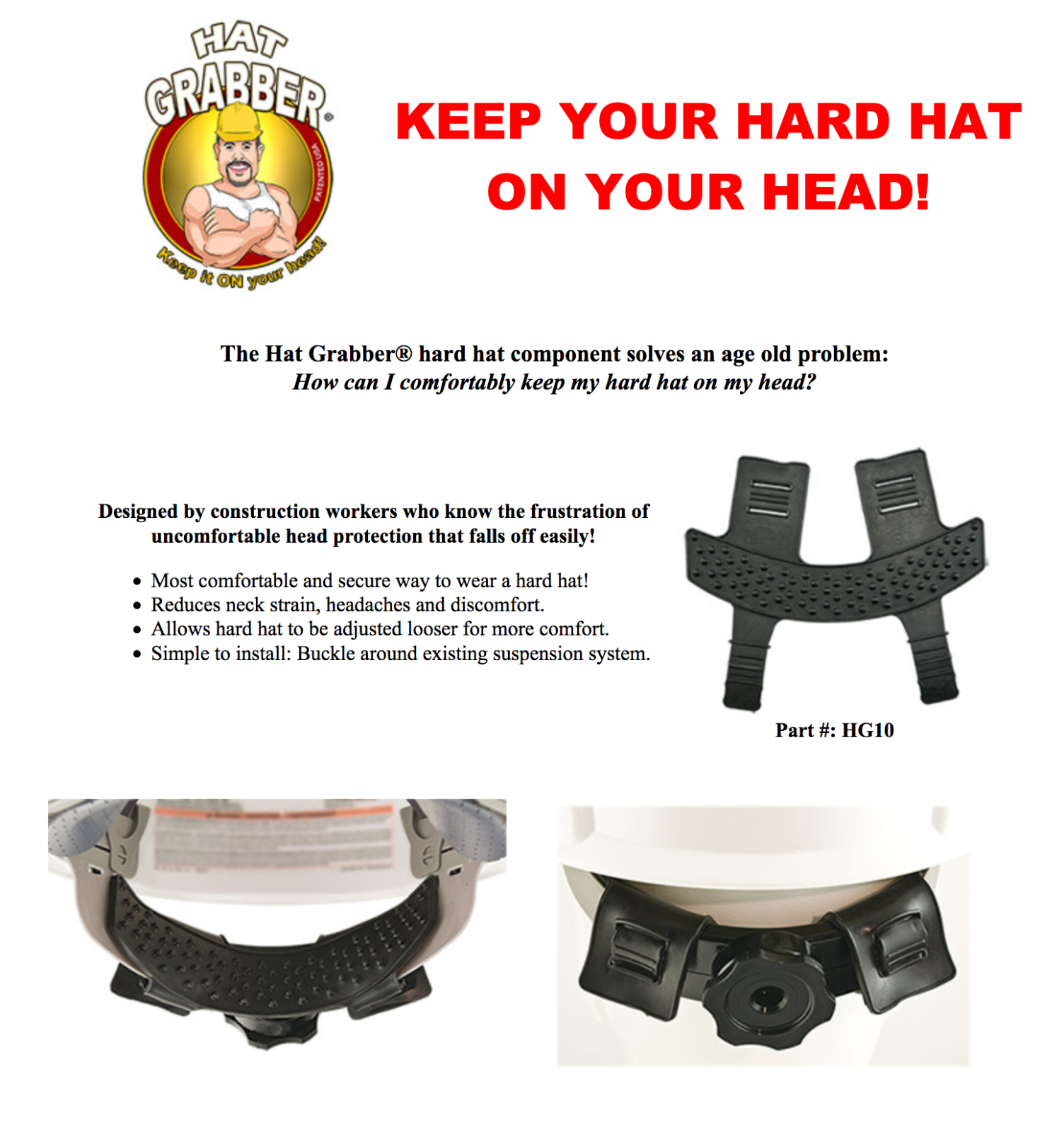 Hard Hat Grabber; Keeps it on Your Head; Comfortable & Easy to Install