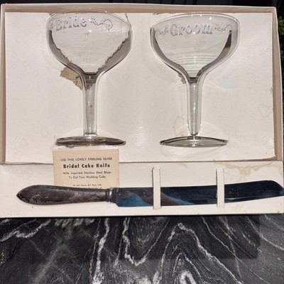 VTG Raimond Sterling Silver Handled Cake Knife & Bride/Groom Toasting Glasses