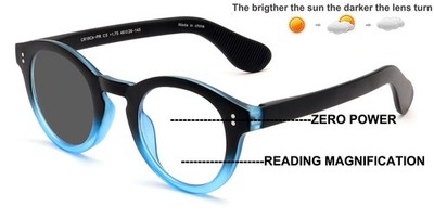 Round Photochromic Progressive Reading Glasses - Zero Power on Top - Anti Blue