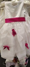 White Flower Girl Dress with Bright Pink Sash and Tulle Skirt