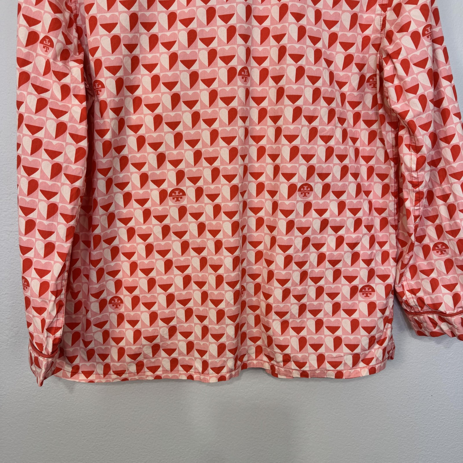Tory Burch Pajama Top Women's Medium Pink Heart Print Button Front Cotton Logo thumbnail 9