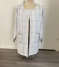 Picadilly Canada Open Front Sweater Cardigan Women's Gray White Plaid M