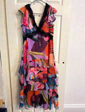 Next Petite UK 12 Multicolour Abstract Midi Fit & Flare V-Neck Lined Dress