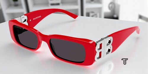 Balenciaga BB0096S 015 Rechteckig Rot Silber Grau 51 mm Damen Sonnenbrille