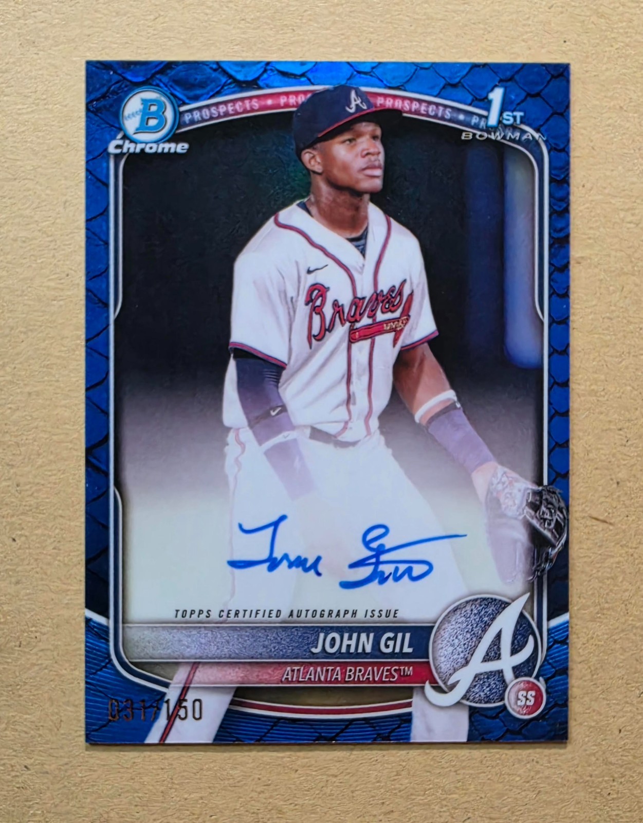 John Gil Autograph 2025 Bowman Chrome 1st Blue Reptilian Refractor AUTO RC #/150