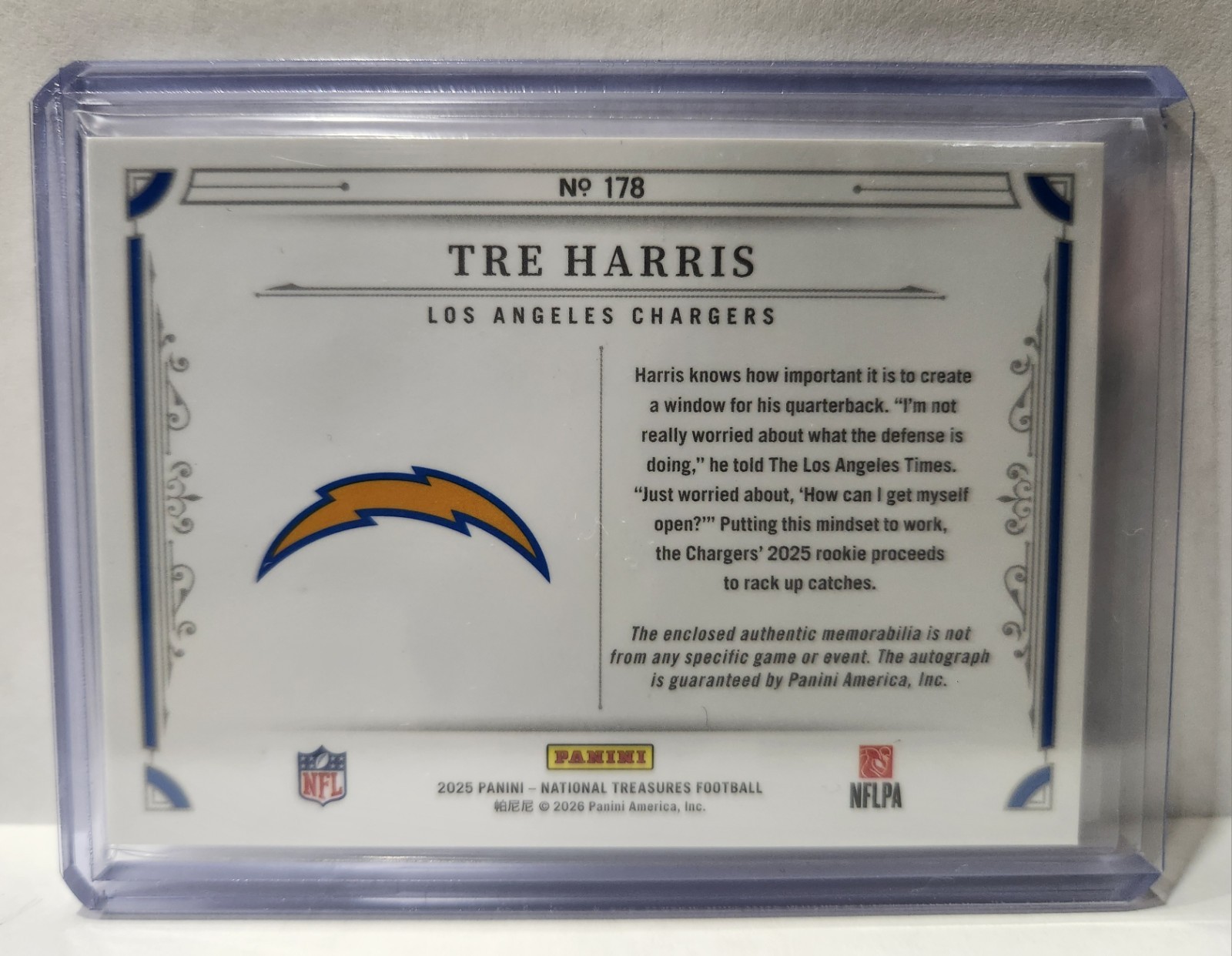 Tre Harris 1/1 2025 National Treasures FOTL Rookie Patch Auto Shield Chargers RC view 2
