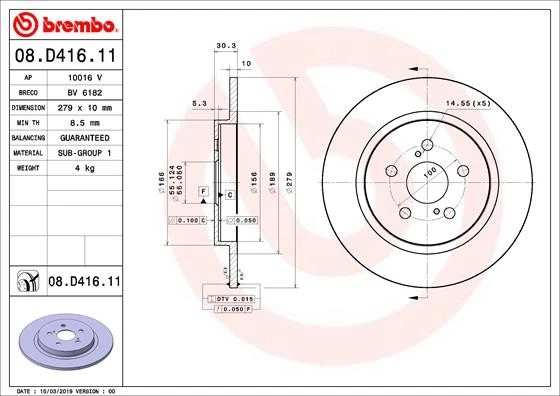 2x BRAKE DISC 08.D416.11 FOR LEXUS TOYOTA 5ZR/2ZR-FXE 1.8L 4cyl CT1ND-TV 1.4L - Image 2 of 4