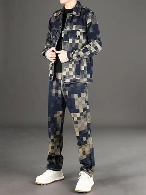 Men's Fashion Denim Set Checkered Print Casual Jacket and Matching Pants