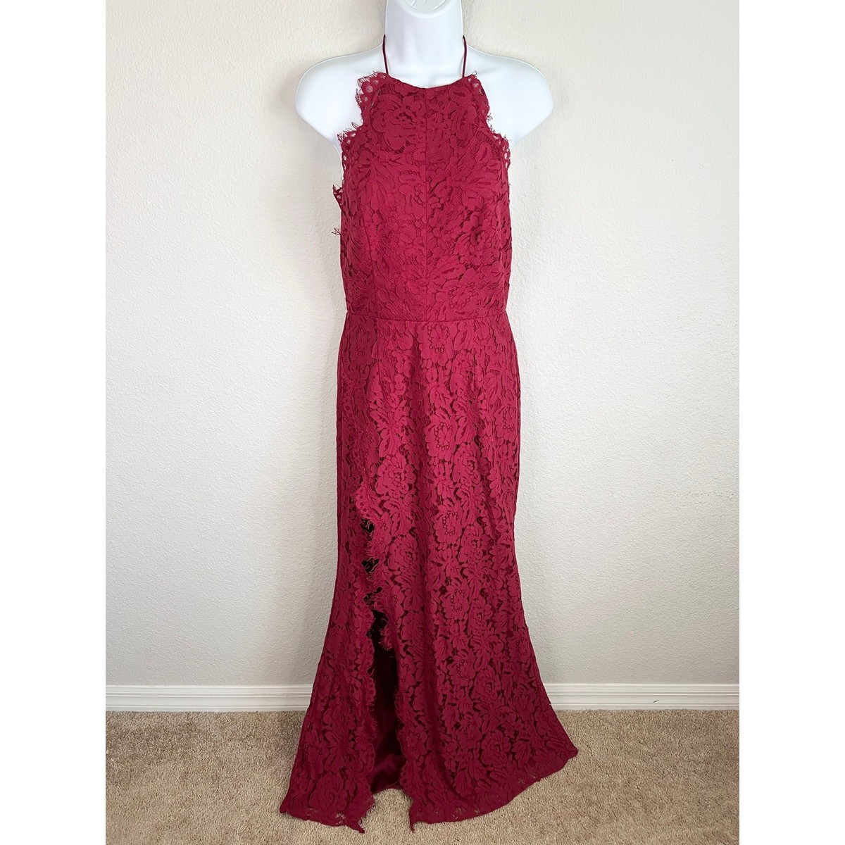 open lace back dress Sheer Lace Fishtail Gown in Cherry Red - 14 main image 0