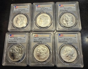 Z - 2021 Morgan & Peace Silver Dollar 100th 6-Coin Set First Strike PCGS MS70
