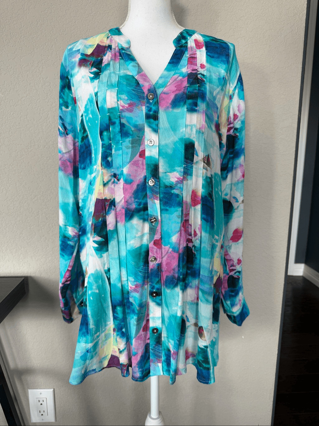 Soft Surroundings Blue Patterned Button Down Blou… - image 1