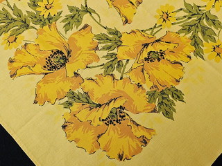 Printed Tablecloth Yellow Floral Flowers on Yellow 50" x 50" Vintage 1950s