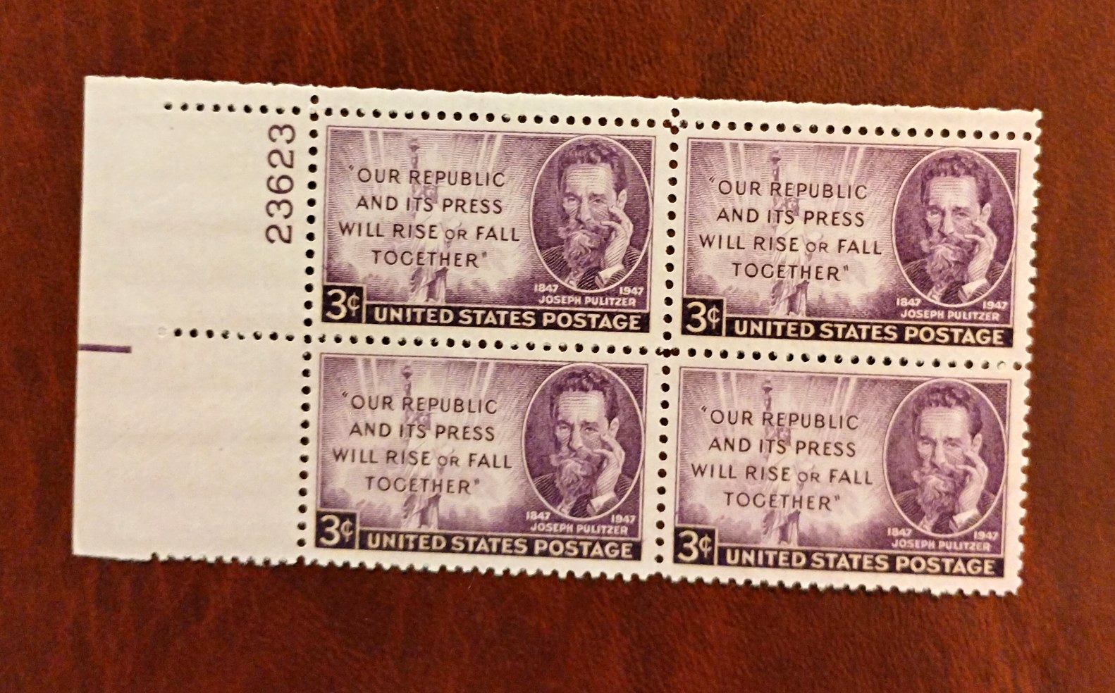 United States Joseph Pulitzer 3¢ Purple Plate Block of 4 MNH 1947 Ungraded