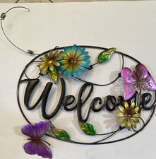Metal Welcome Sign with Flowers and Butterflies Decorative Hanging Plaque
