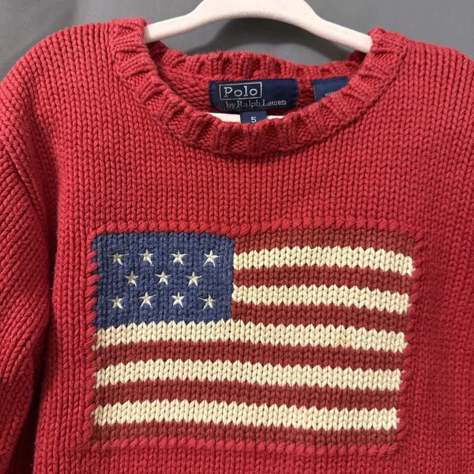 Ralph Lauren Polo Kids Sweater Red With American Flag Size 5 100% Cotton - Image 2 of 4