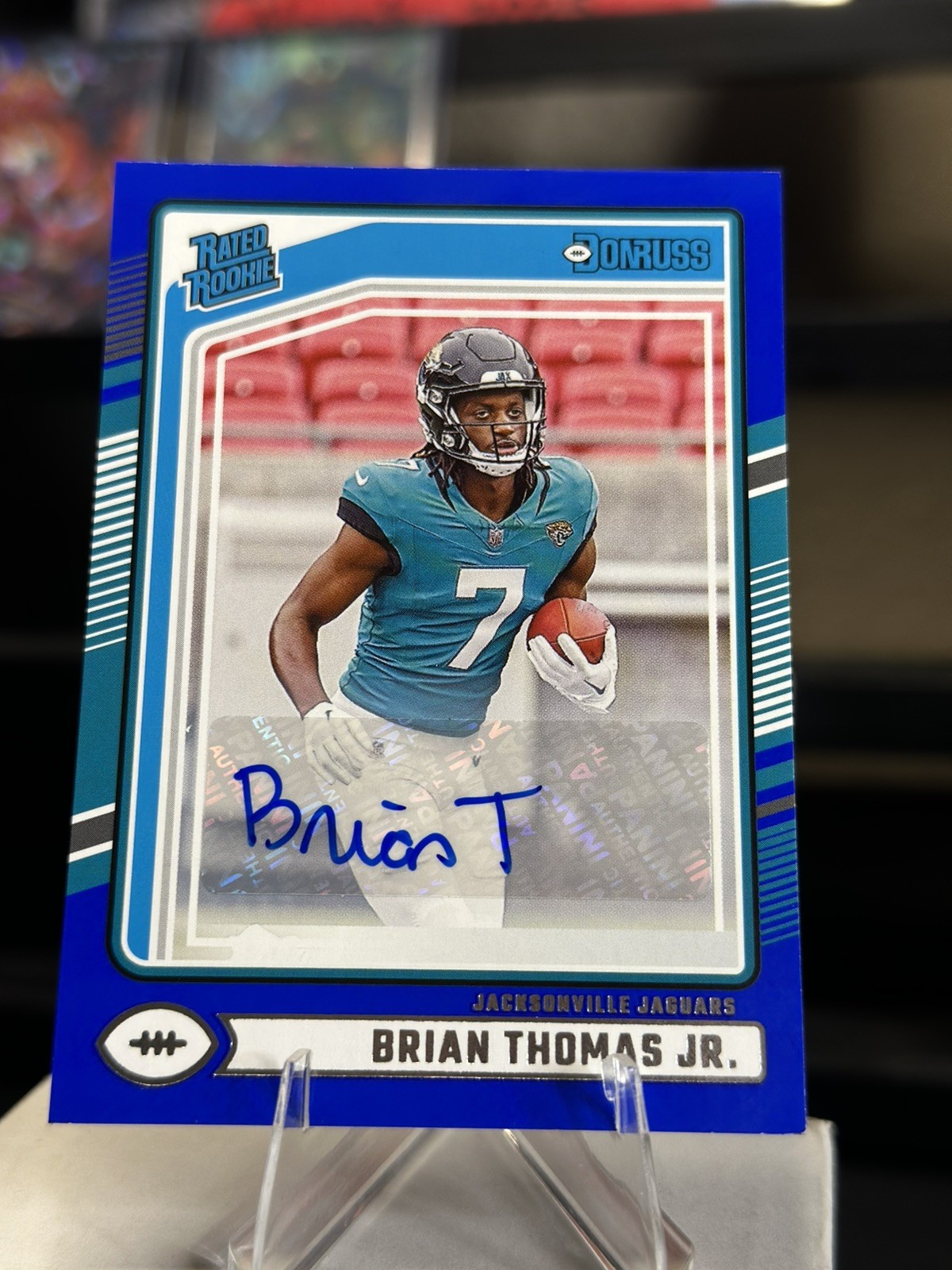 Brian Thomas Jr. 2024 Donruss Rated Rookie Card Blue Press Proof Auto SP