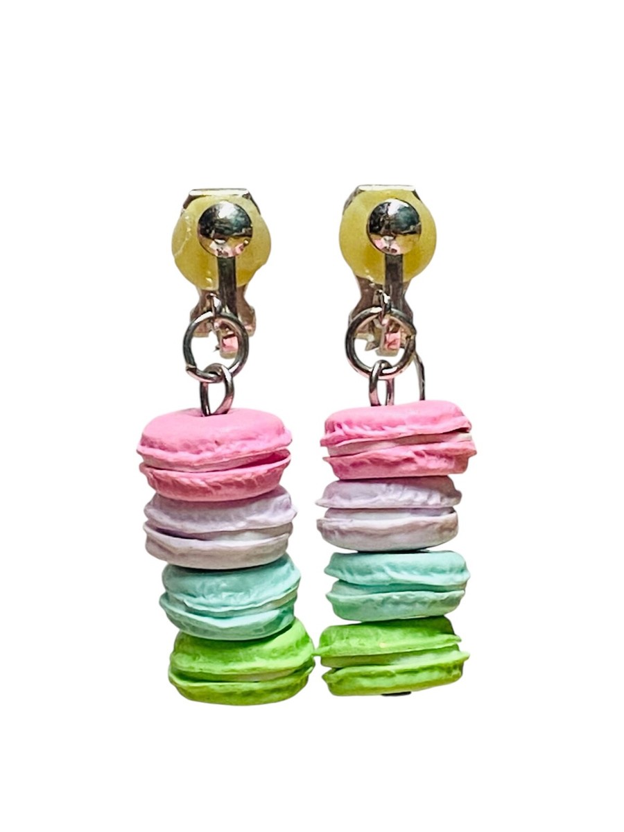 Multicolor Stacked Macaron Dessert Earrings Drop Dangle Food Baker