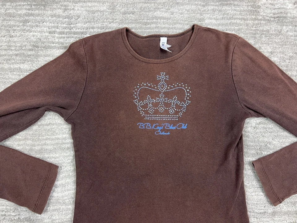Camisa feminina BB Kings Blues Club Orlando Florida marrom pequena manga longa casual - Imagem 2 de 4
