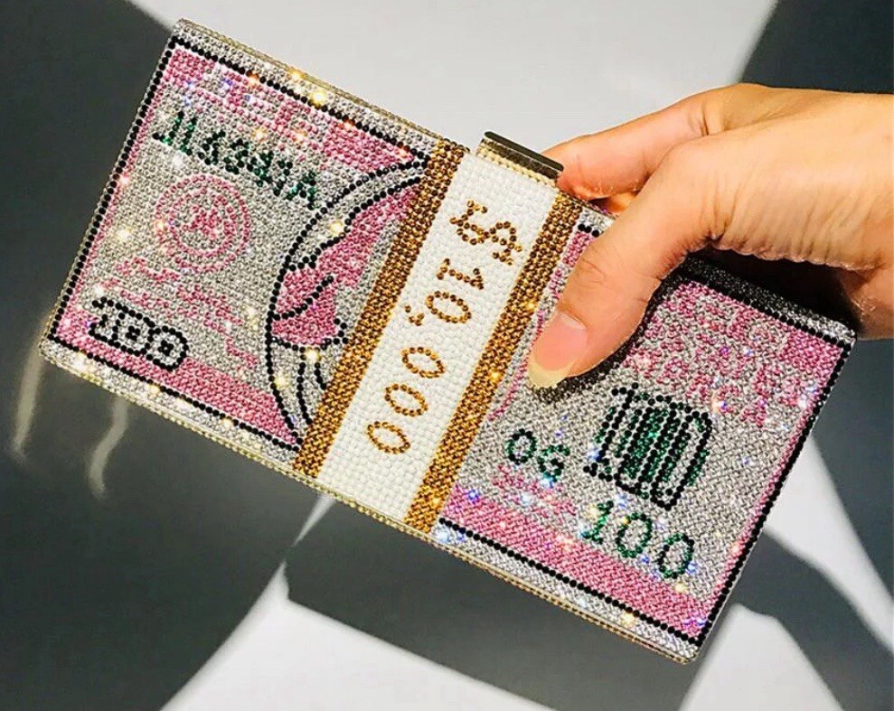 Dollar Clutch Purse Rhinestone $100 Bill Diamond