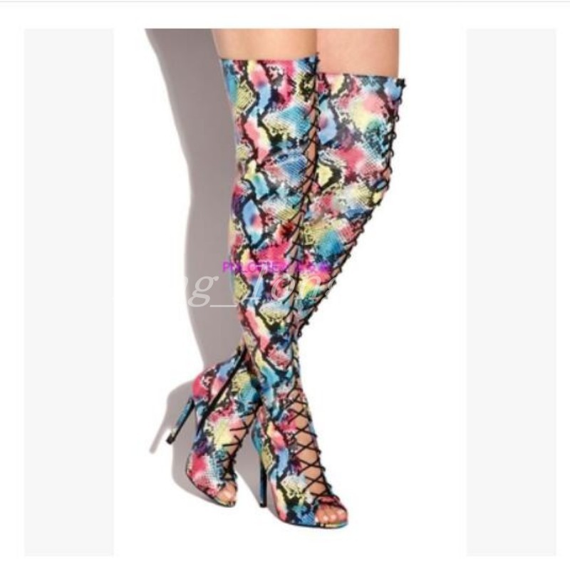 Caliente con Cordones Puntera abierta sobre la rodilla alta Muslo Tacón botas botas Romano Sandalias De Mujer Caliente con Cordones Puntera abierta sobre la rodilla alta Muslo Tacón botas botas Romano Sandalias De Mujer