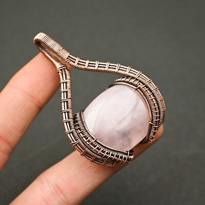 Natural Rose Quartz Gemstone Copper Wire Wrapped Pendant Handmade Jewelry Gift