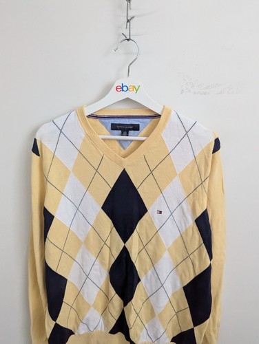 Tommy Hilfiger Jumper Mens Size L Yellow Check Golf Preppy Sweater v Neck - Picture 2 of 10