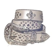 Western Rhinestone White Fleur De Lis Snap on Buckle Leather Belt SM M