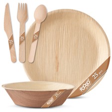 FOOGO Green Disposable Palm Leaf Plates & Wooden Cutlery Set Spoons Forks Knives