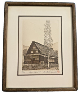 VG+ RARE 81/100 LIM ED SIGNED Hiroto Norikane Etching Farm House Framed 9x11"