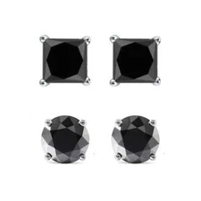 14K White Gold Black Diamond Round And Princess Stud Earrings 2 Pairs