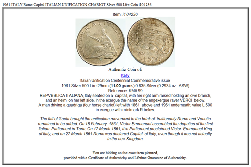 1961 ITALY Rome Capital ITALIAN UNIFICATION CHARIOT Silver 500 Lire Coin i104236 - 第 3/3 張圖片