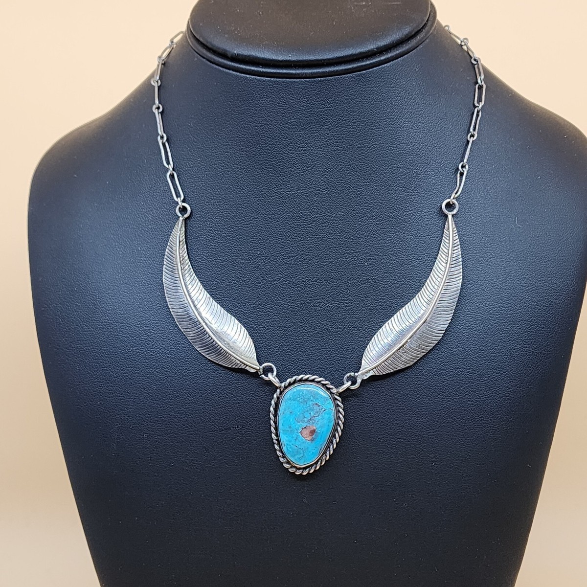 Vintage Old Pawn Navajo Sterling Silver natural Turquoise Feather