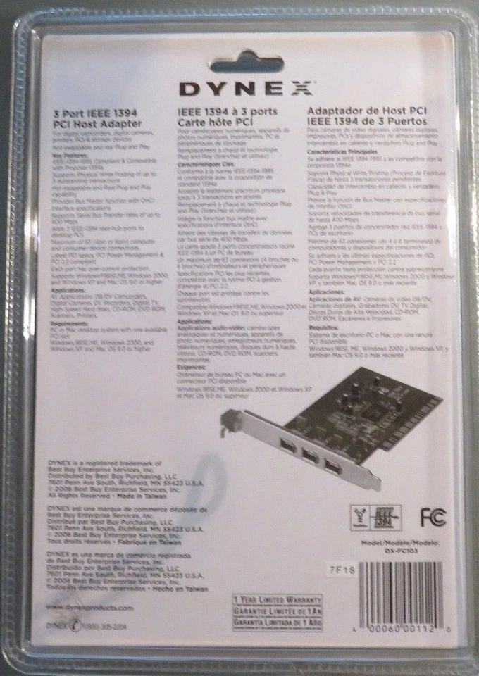  DYNEX 3 Port IEEE 1394 PCI Host Adapter (B8) - Image 2 of 2